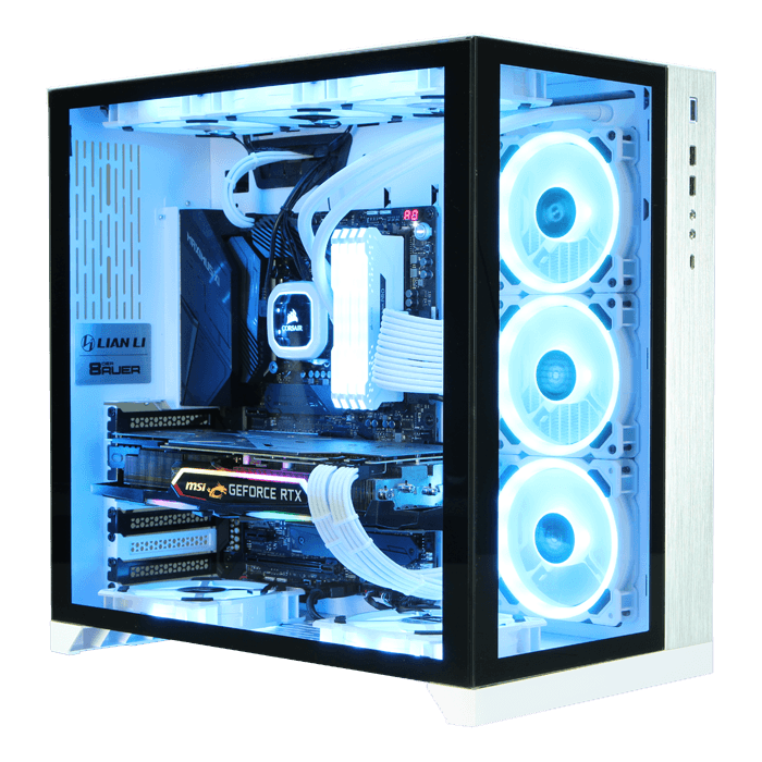 Custom PC build with blue lights in a clear case