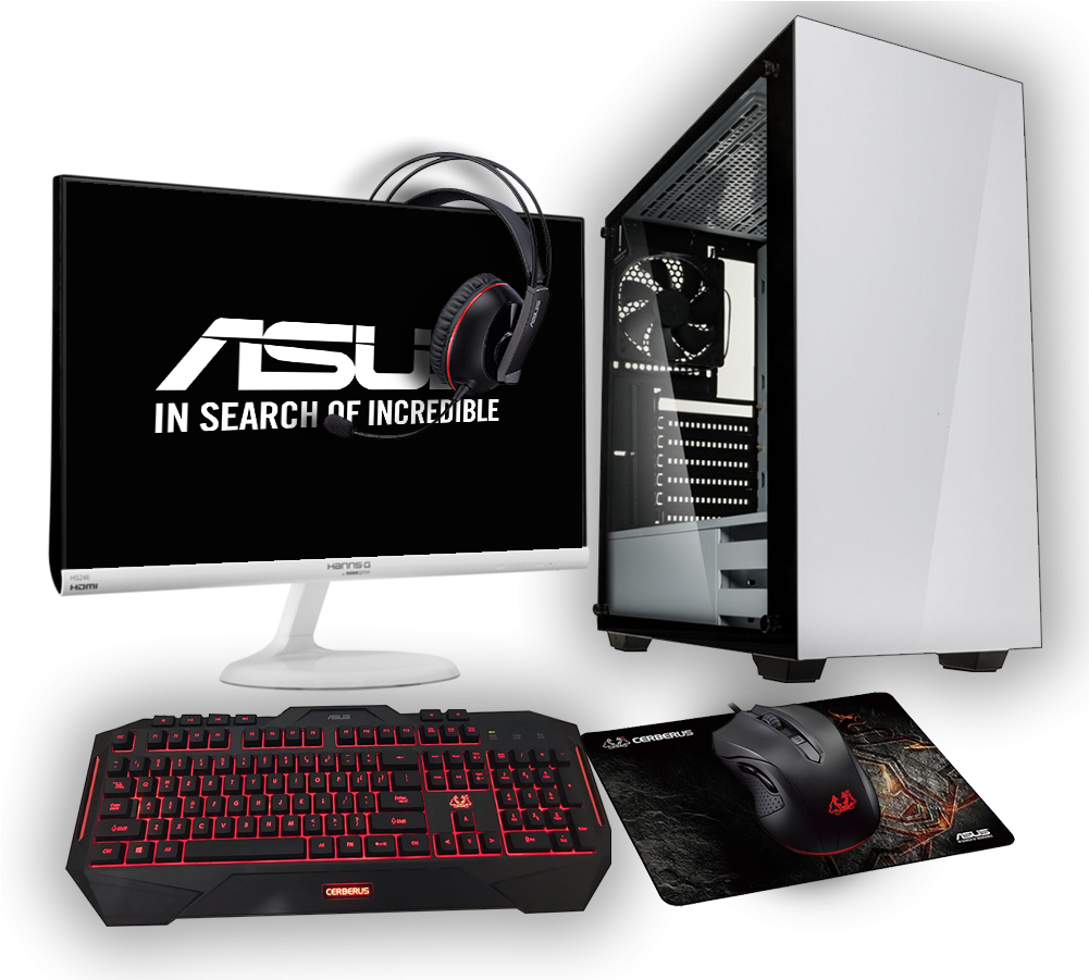 Custom PC build a red keyboard, a mouse on a mousepad, and a headset resting over the monitor. The computer screen reads 'ASUS - in search of incredible'