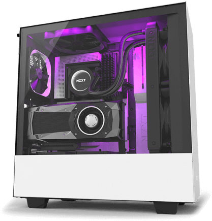 Custom PC build with purple lights in a clear case